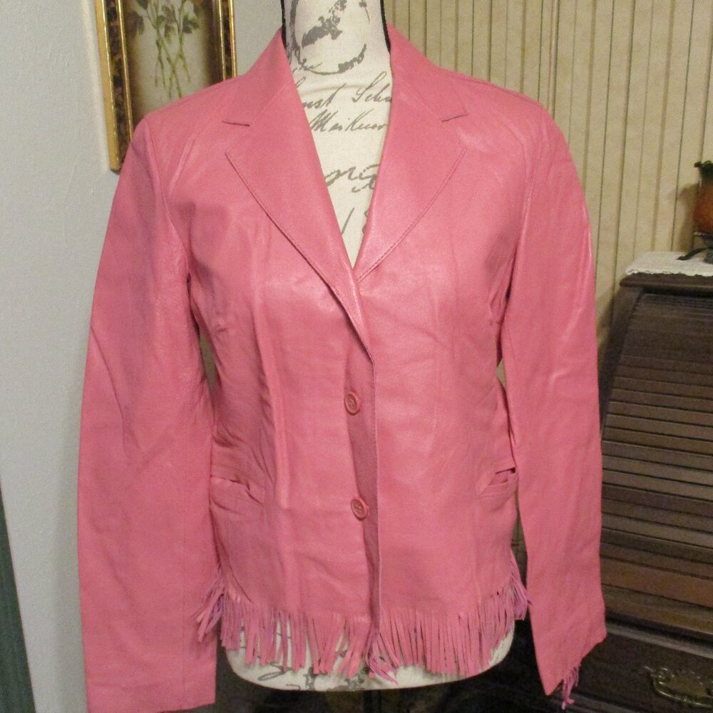 Vintage NWOT Newport News Pink Fringed Short Lined Leather Jacket